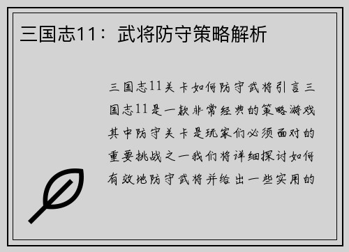 三国志11：武将防守策略解析